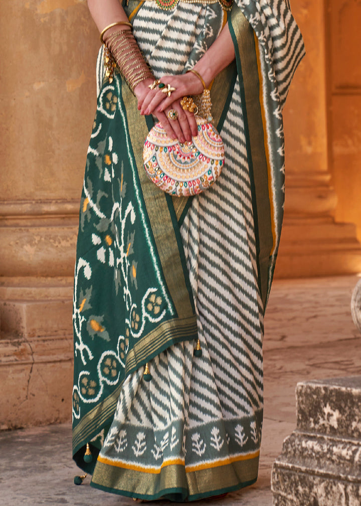Rice White Designer Printed Silk Saree with Contrast Blouse & Pallu