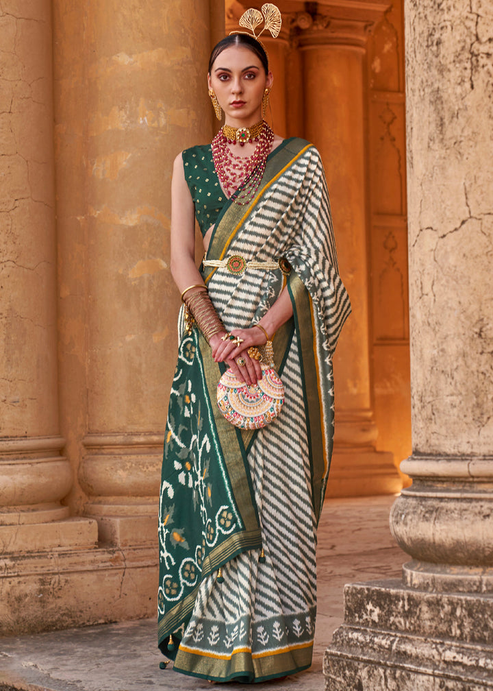 Rice White Designer Printed Silk Saree with Contrast Blouse & Pallu