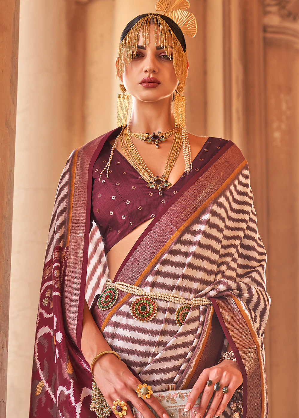 Pearl White Designer Printed Silk Saree with Contrast Blouse & Pallu