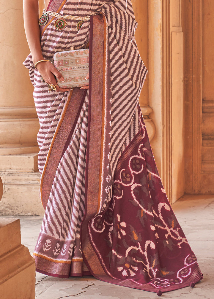 Pearl White Designer Printed Silk Saree with Contrast Blouse & Pallu