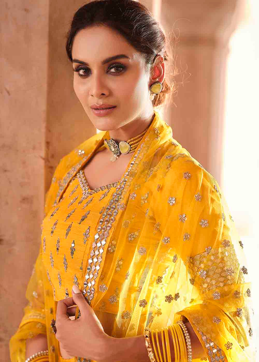 Bright Yellow Art Silk Lehenga Choli with Real Mirror & Zari work