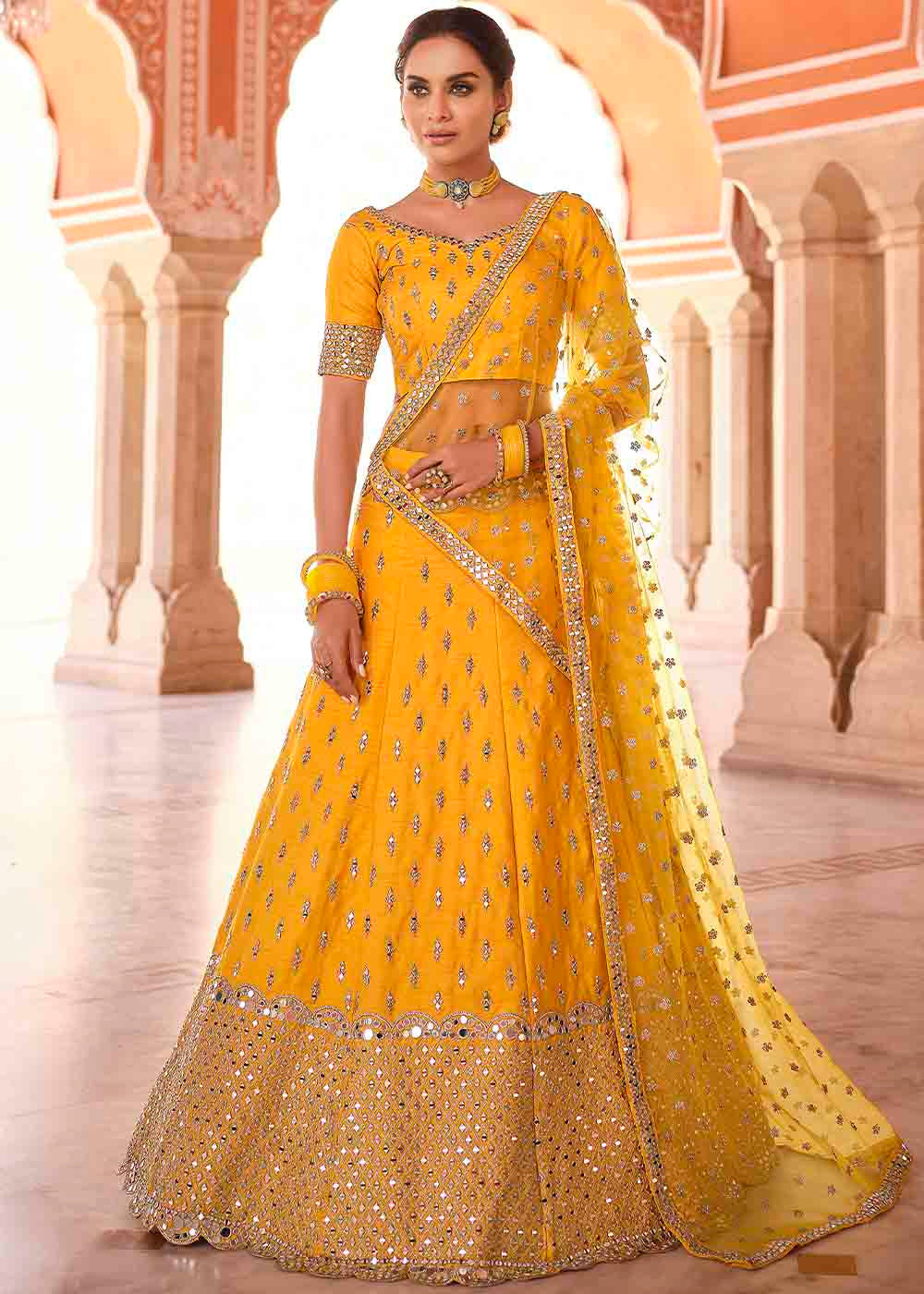 Bright Yellow Art Silk Lehenga Choli with Real Mirror & Zari work