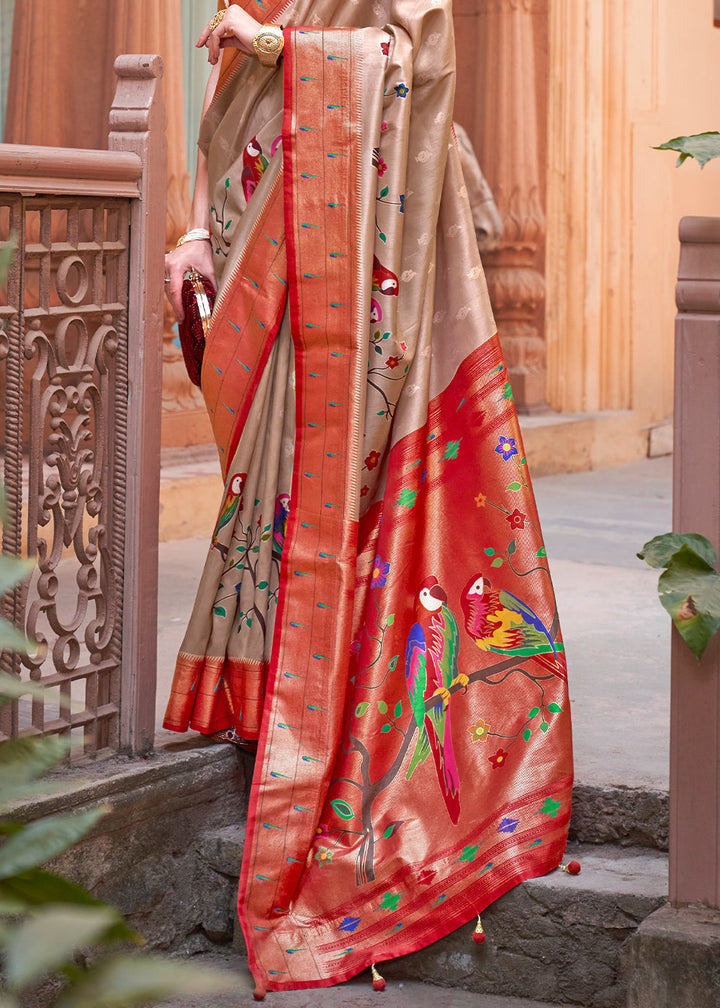 Red & Brown Paithani Silk Saree