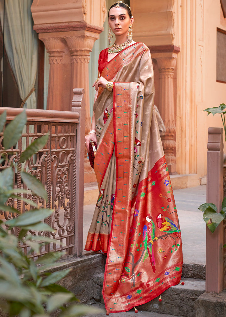 Red & Brown Paithani Silk Saree