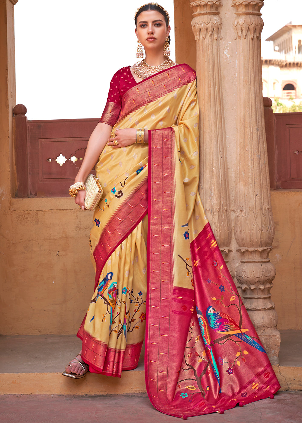 Yellow & Red Paithani Silk Saree