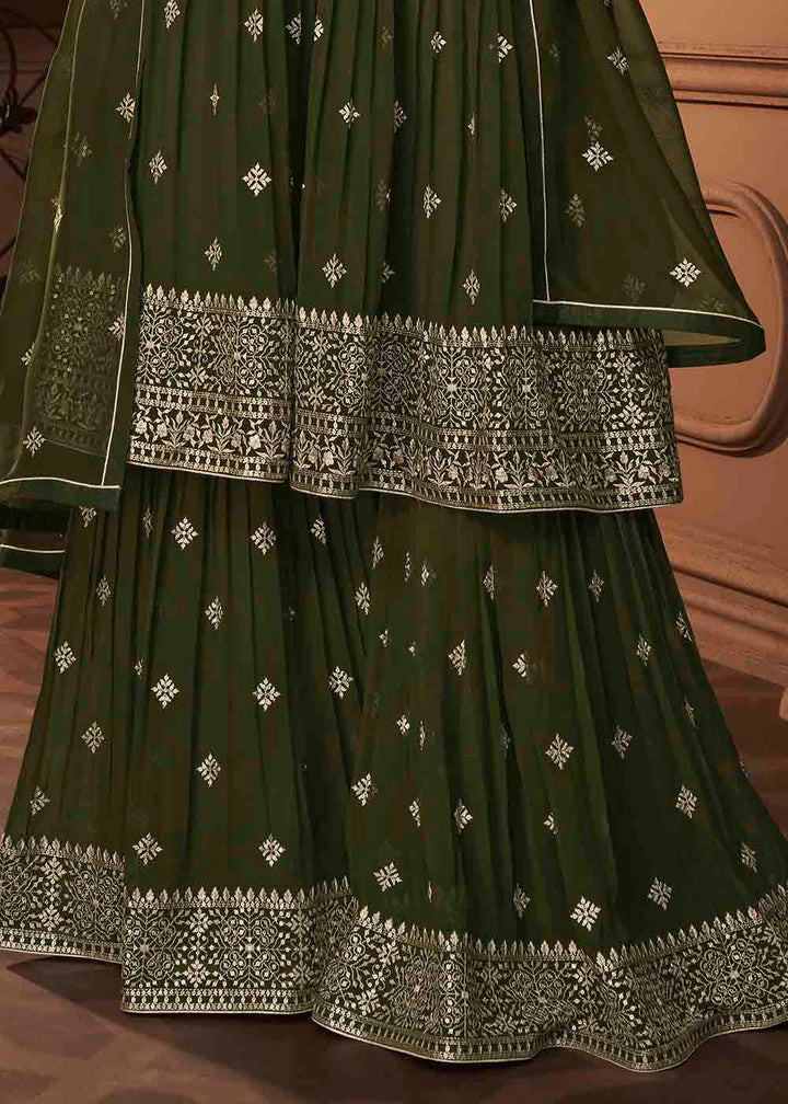 Juniper Green Designer Georgette Plazzo Suit with Sequin & Thread work: Top Pick