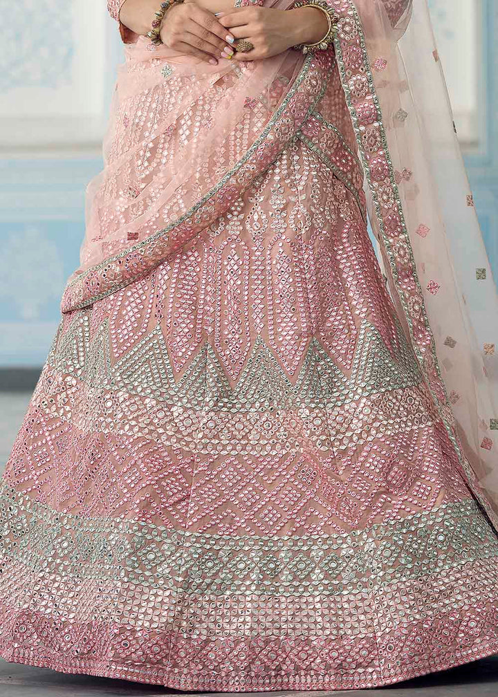 Shades Of Pink Organza Lehenga Choli with Foil,Thread & Mirror work