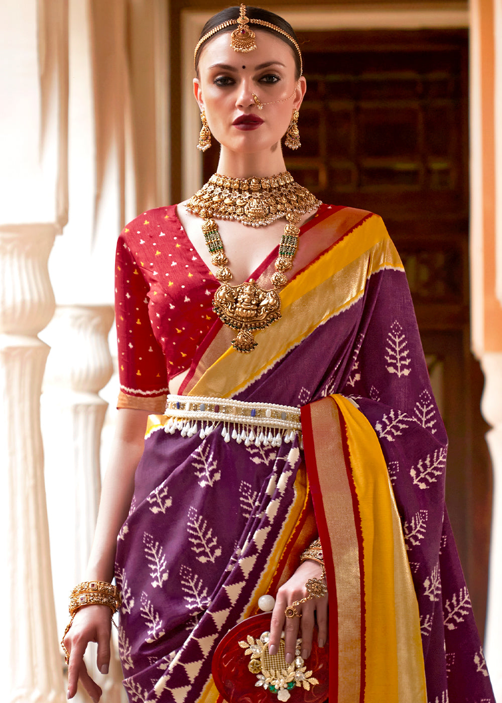 Purple & Red Printed Patola Silk Saree