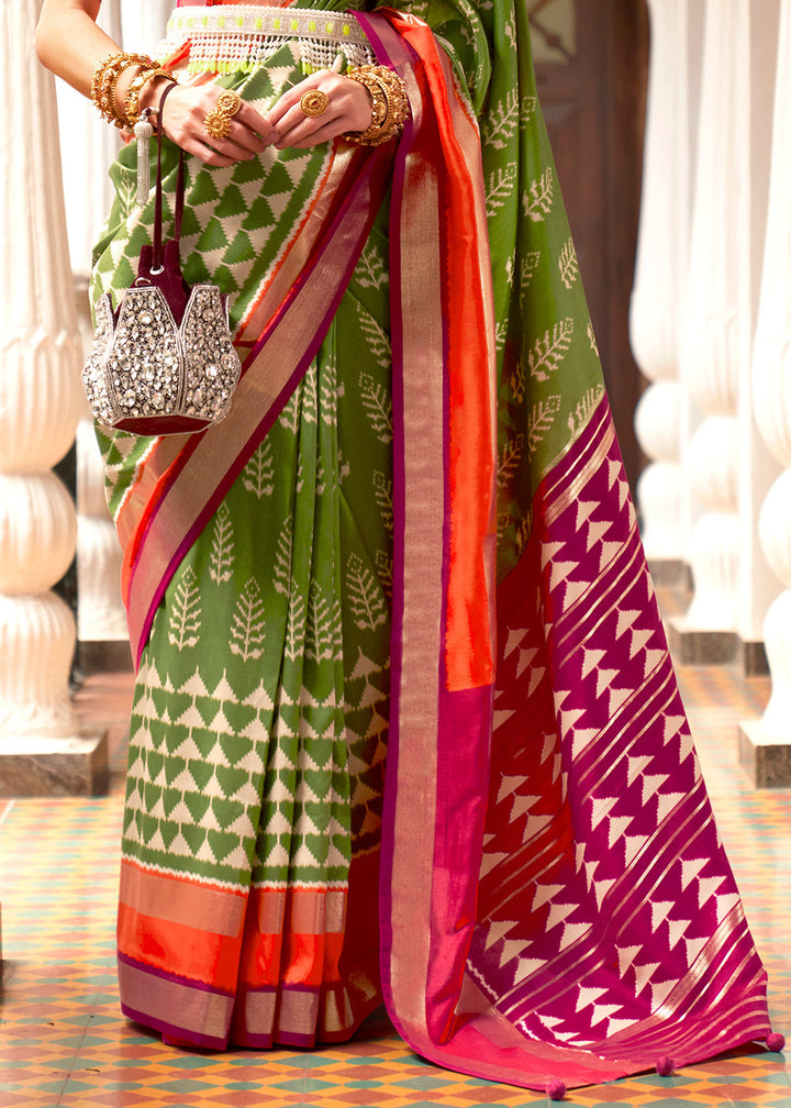 Green & Pink Printed Patola Silk Saree