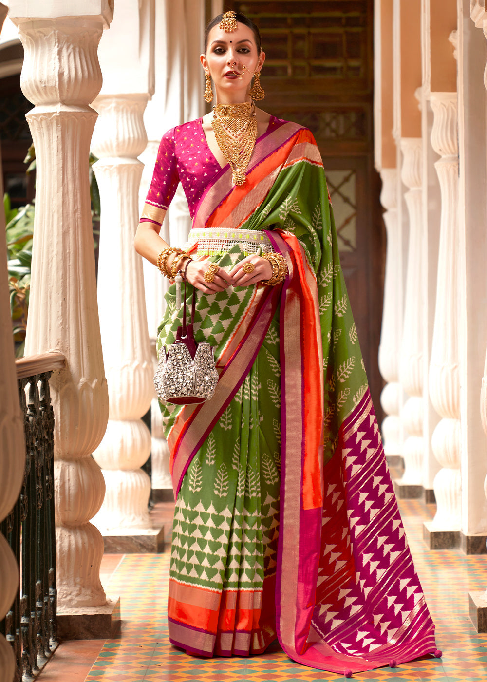 Green & Pink Printed Patola Silk Saree