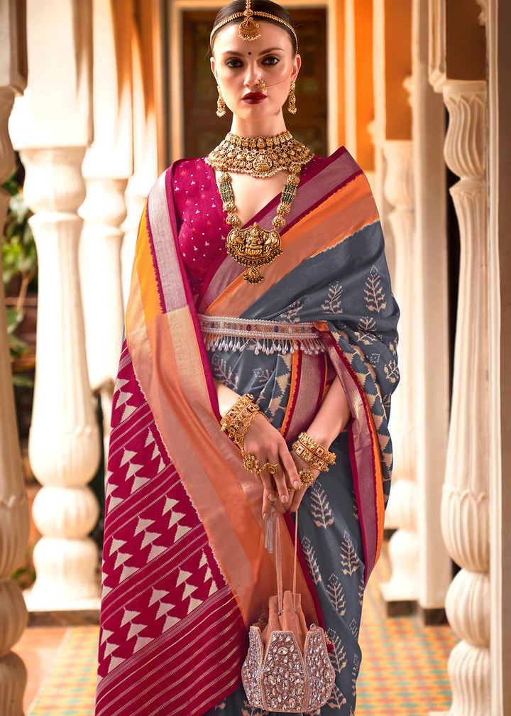 Grey & Pink Printed Patola Silk Saree