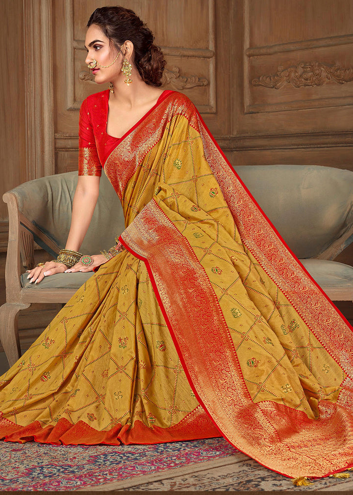 Dandelion Yellow Woven Silk Saree with Contrast Border & Blouse
