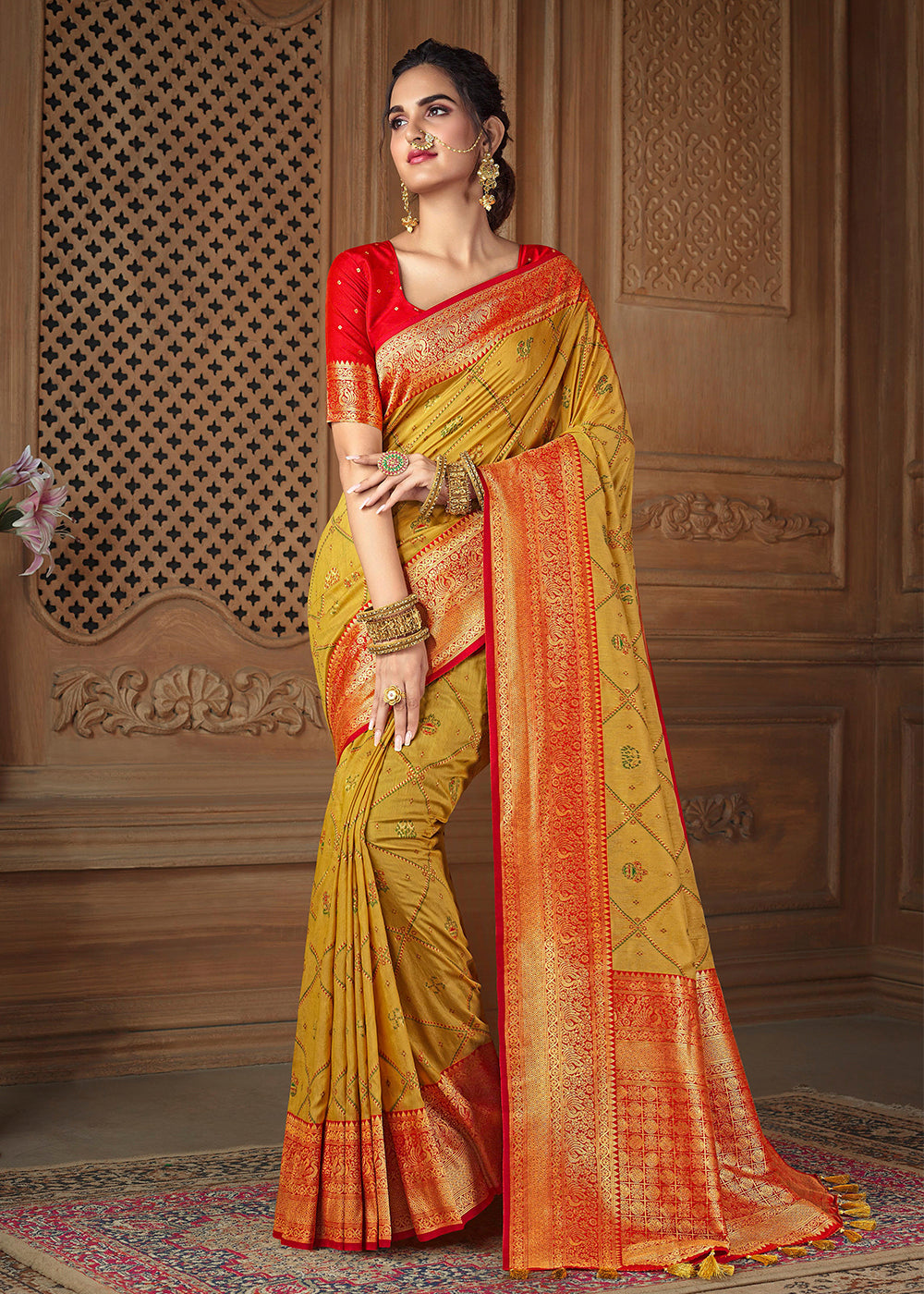 Dandelion Yellow Woven Silk Saree with Contrast Border & Blouse