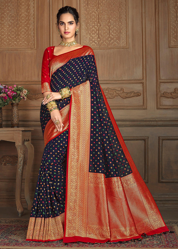 Navy Blue Woven  Silk Saree with Contrast Border & Blouse