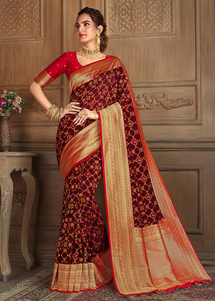 Syrup Brown Woven Silk Saree with Contrast Border & Blouse