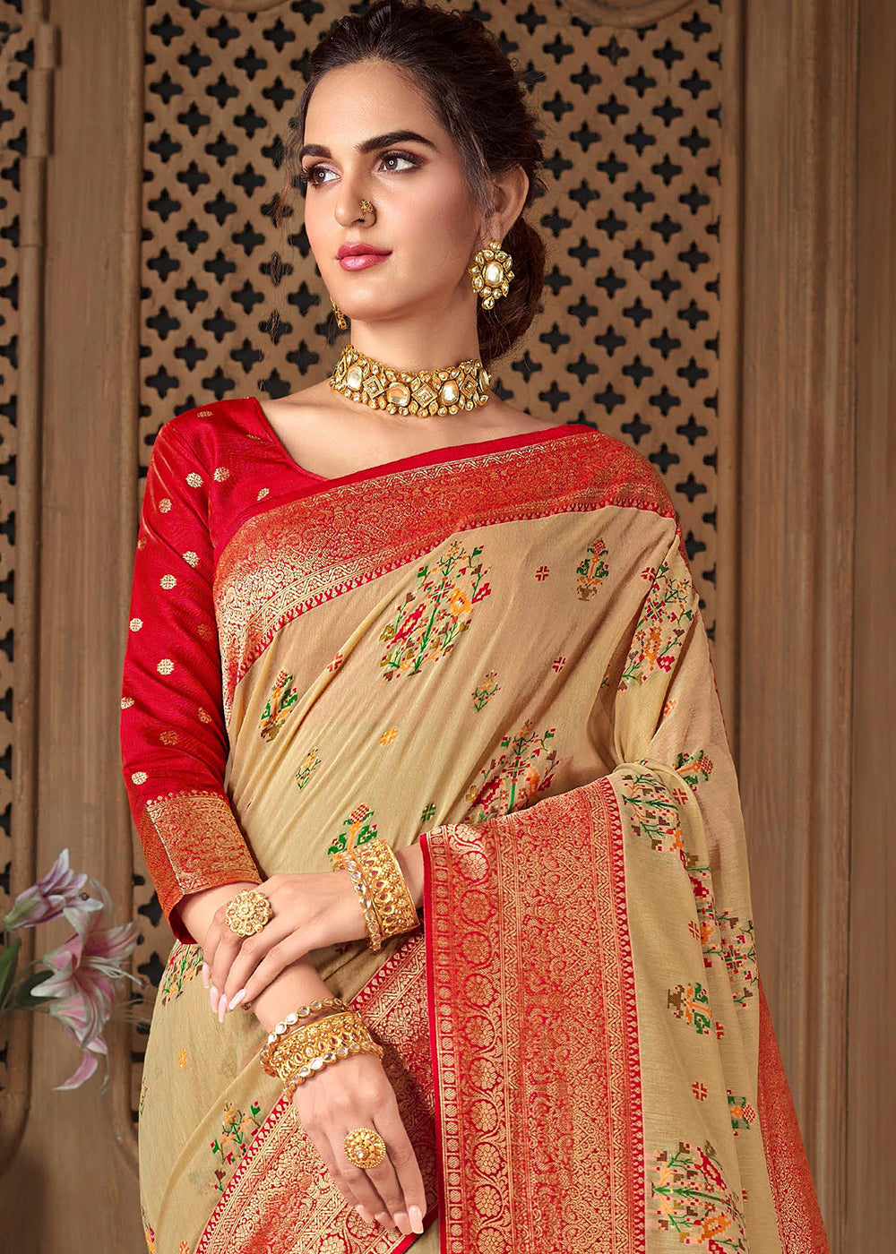 Beige Brown Woven Silk Saree with Contrast Border & Blouse