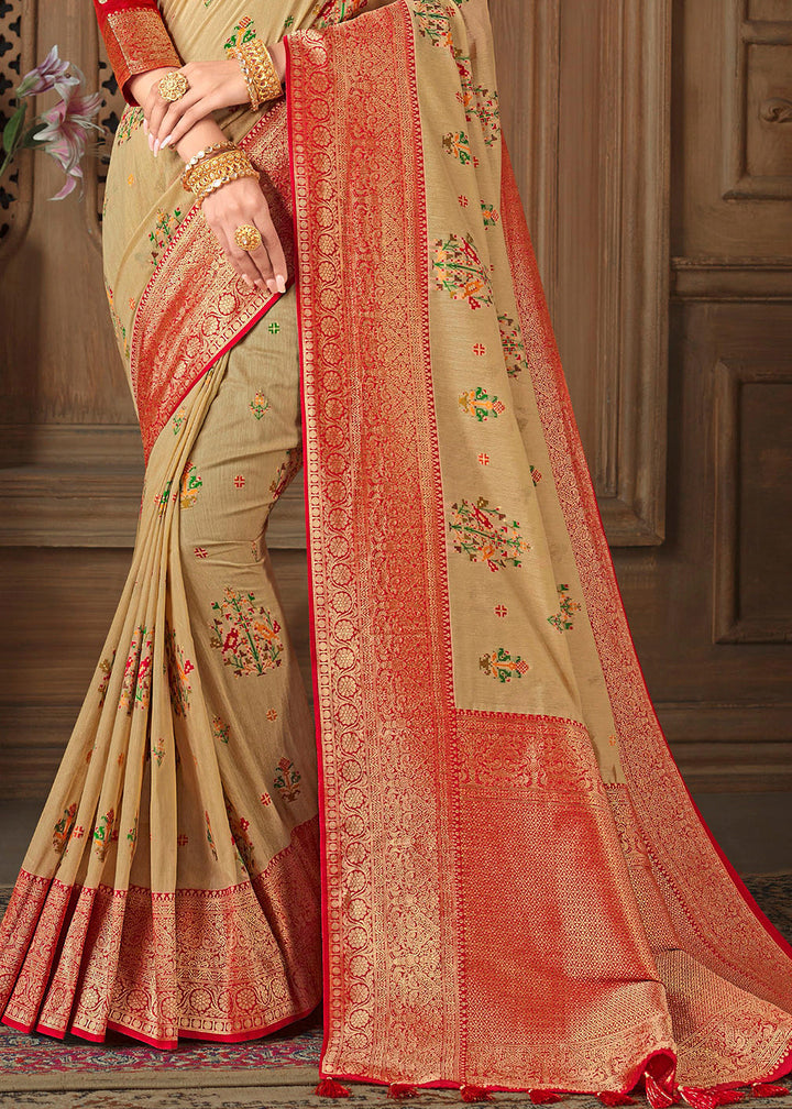 Beige Brown Woven Silk Saree with Contrast Border & Blouse