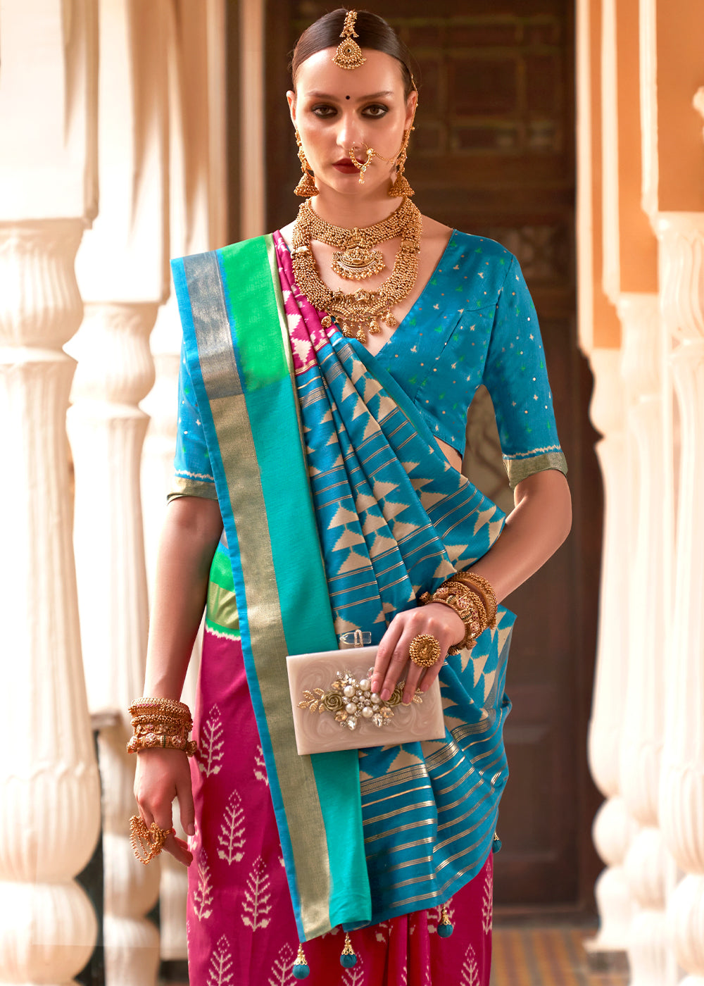 Blue & Pink Printed Patola Silk Saree: Top Pick