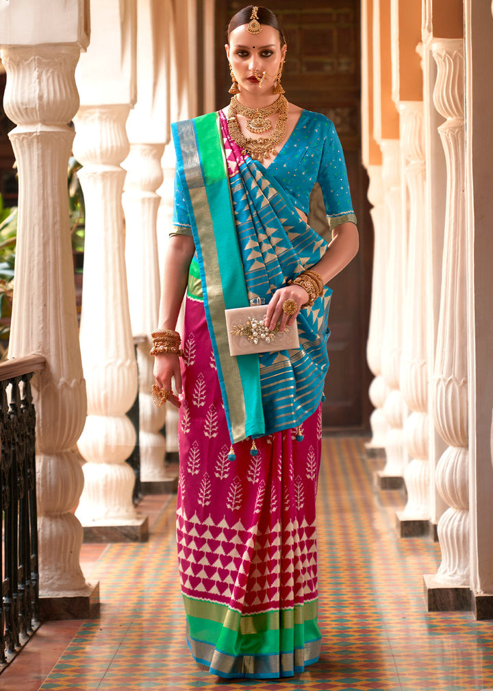 Blue & Pink Printed Patola Silk Saree: Top Pick
