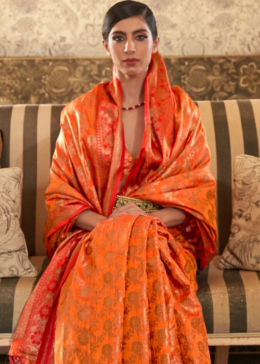 Amber Orange Woven Banarasi Tussar Silk Saree