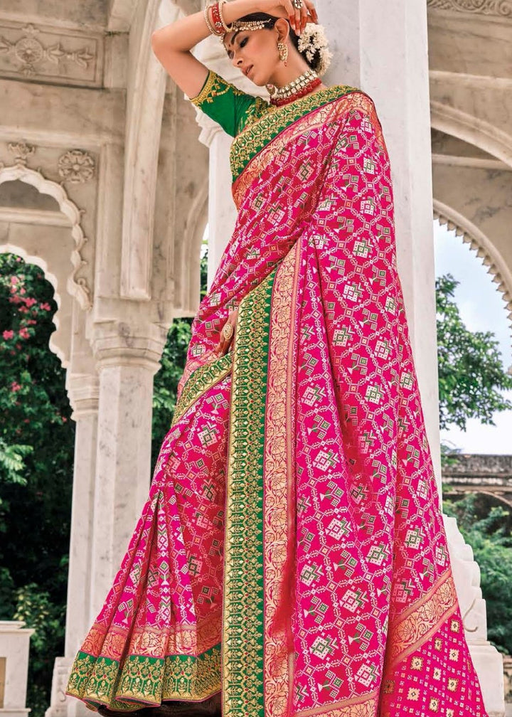 Fuscia Pink Patan Patola Silk Saree with Embroidered Blouse