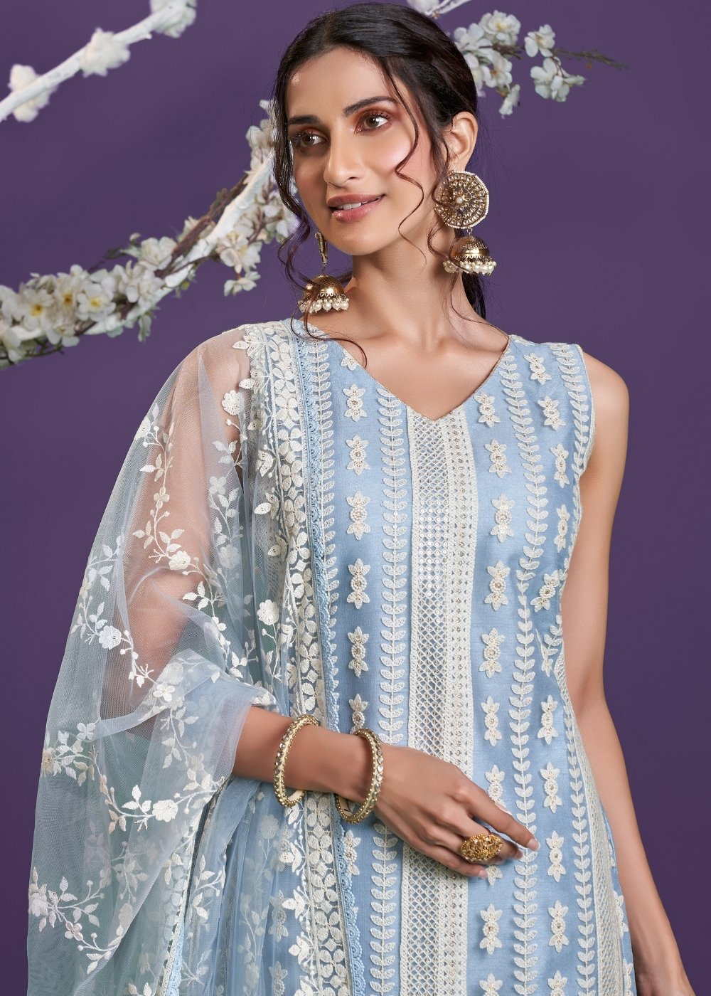 Zenith Blue Net Lucknowi Salwar Suit with Cotton Thread Embroidery & Sequence work