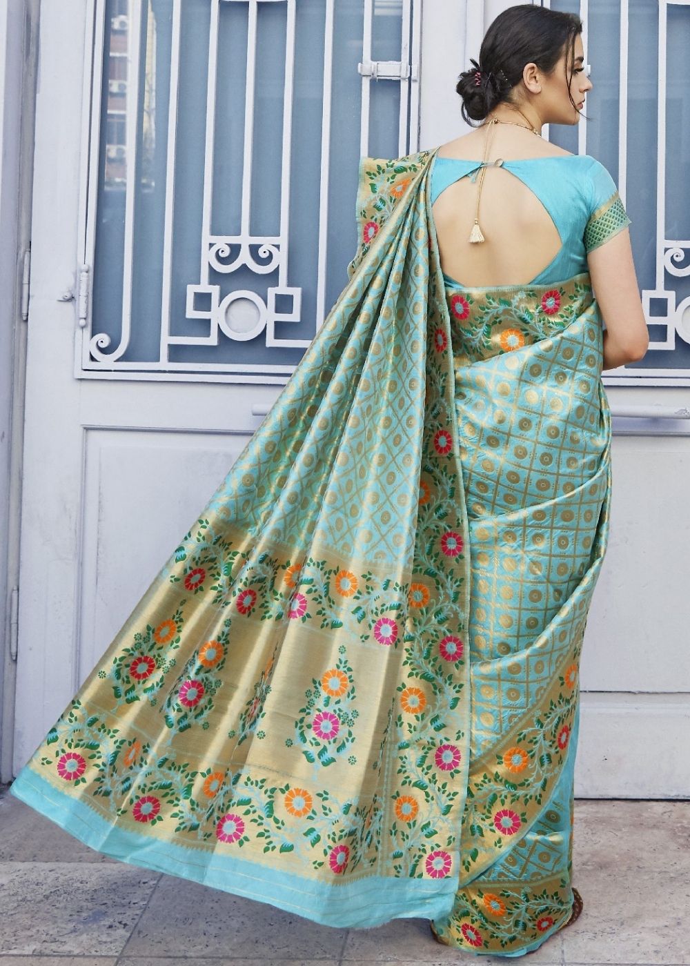 Arctic Blue and Golden Blend Silk Saree with Floral Woven Border and Pallu