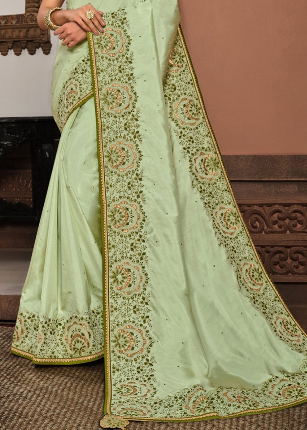 Mint Green Silk Georgette Saree with Gota, Cord and Resham Embroidery