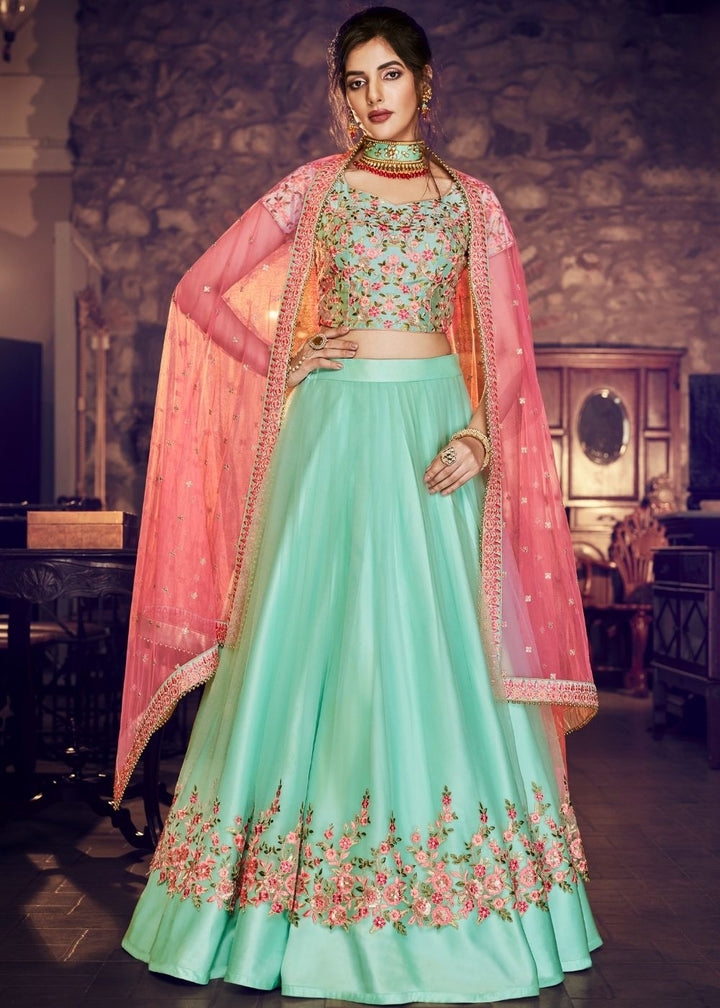 Sea Green Double Layered Satin and Net Lehenga with Floral Resham Embroidery work