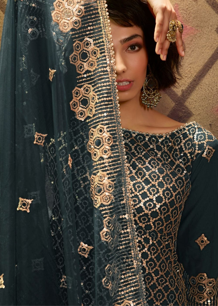 Rama Green Designer Soft Net Sharara Suit with overall Sequins work