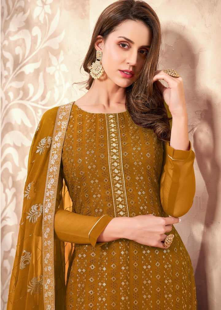 Mustard Yellow Georgette Salwar Suit with Thread & Sequence Embroidery work