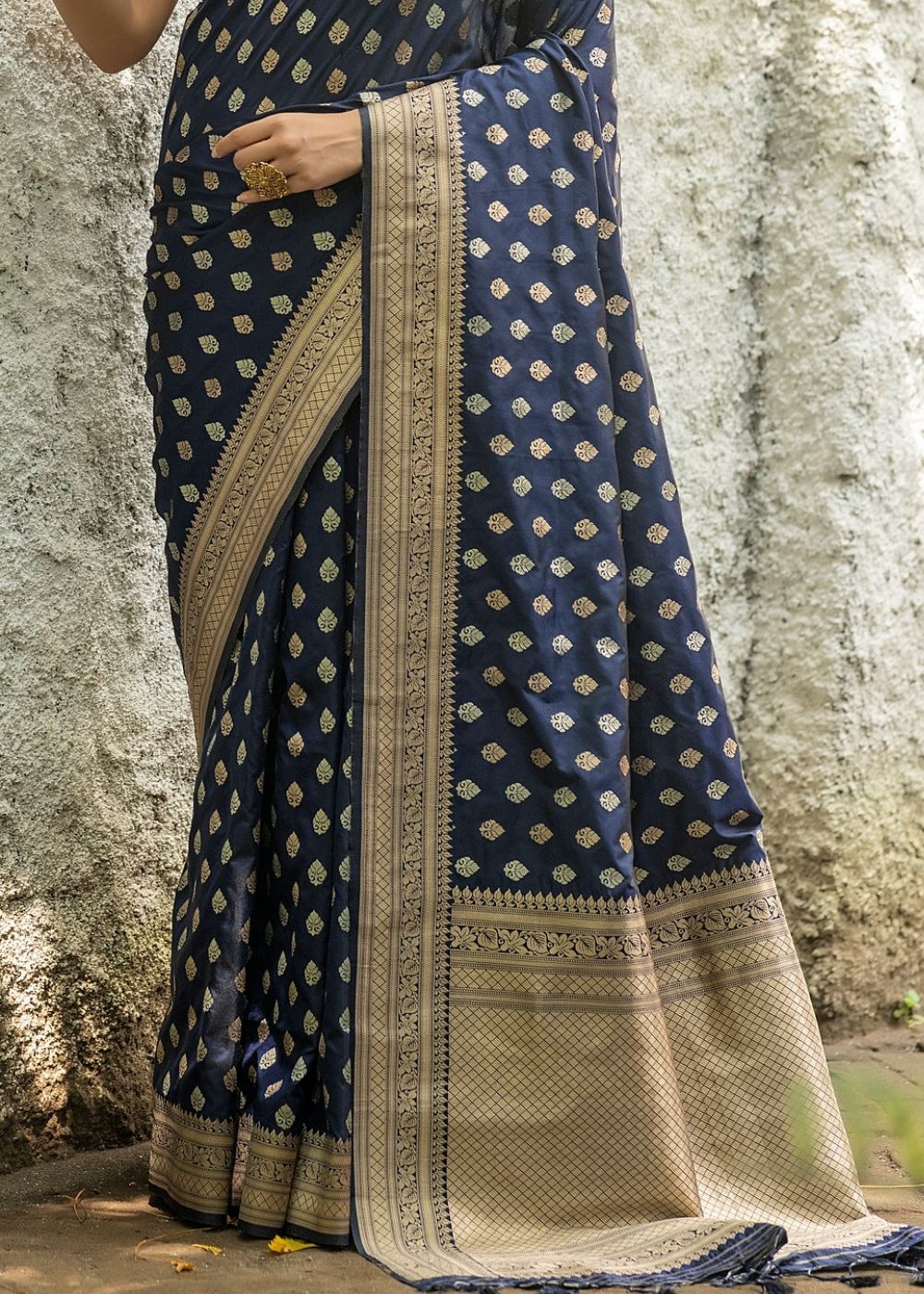 Denim Blue Soft Banarasi Silk Saree with overall Butti