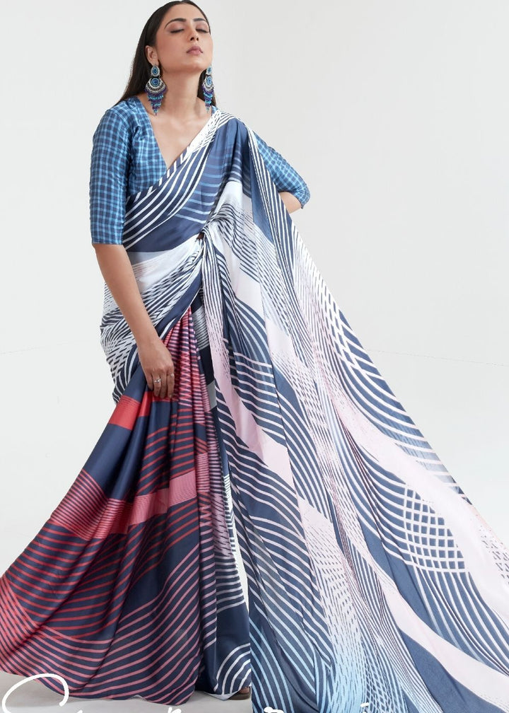 Steel Blue & White Satin Silk Digital Printed Saree