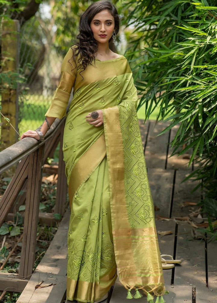 Pickle Green Assam Silk Saree with Cut-Work Embroidery