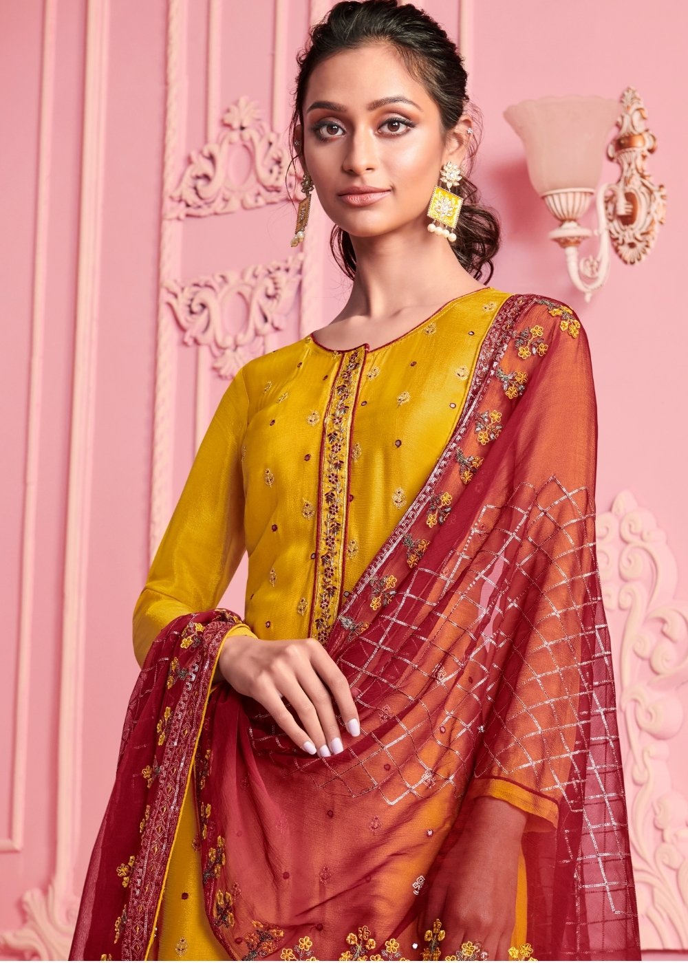 Mustard Yellow Georgette Salwar Suit with Thread & Zari Embroidery work