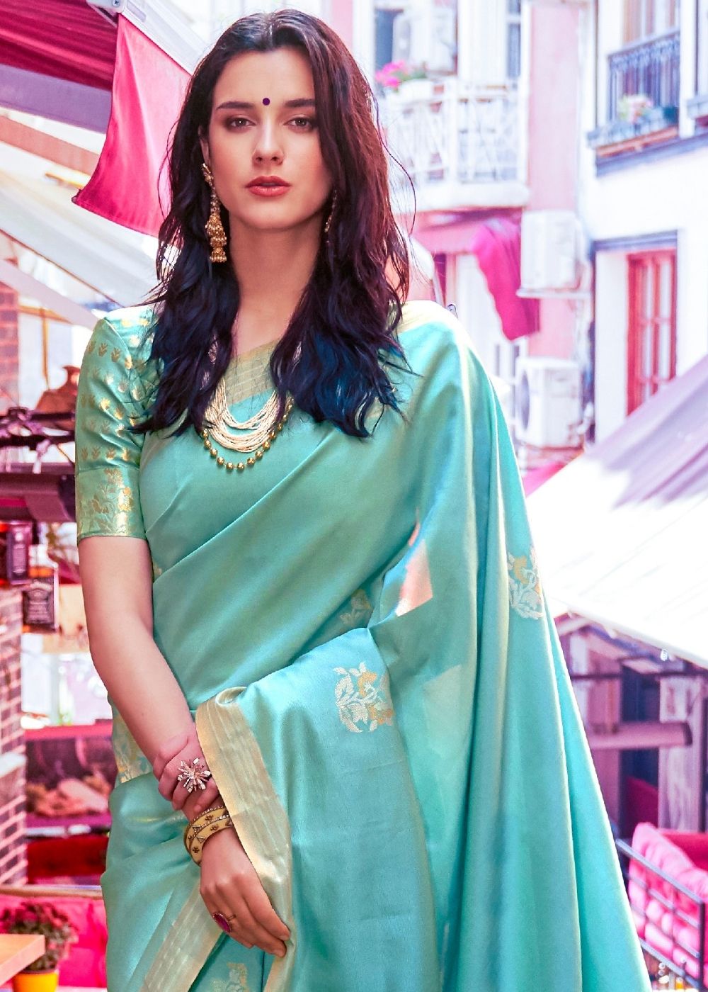 Aqua Blue Designer Wear Woven Banarasi Silk Saree