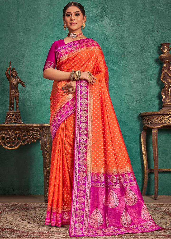 Outrageous Orange Woven Raw Silk Saree with Contrast Border & Pallu