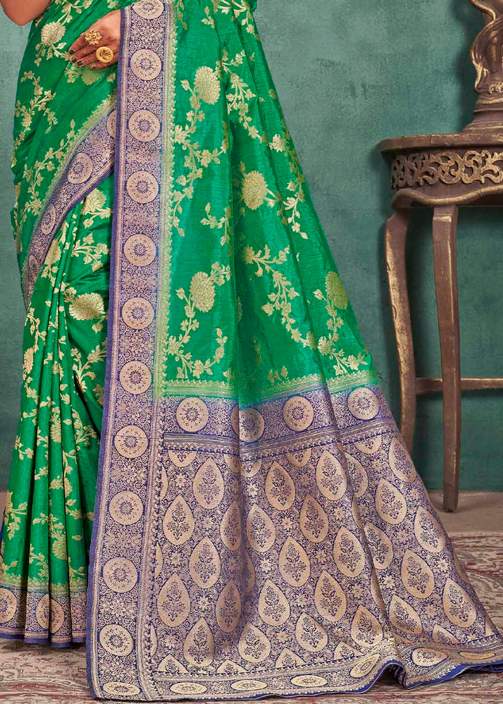Jade Green Woven Raw Silk Saree with Contrast Border & Pallu