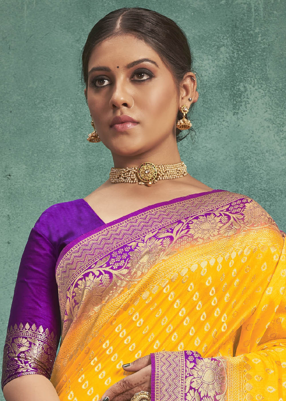 Aureolin Yellow Woven Raw Silk Saree with Contrast Border & Pallu