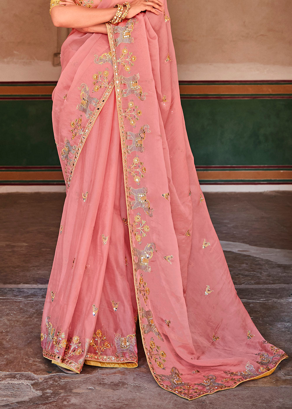 Rose Pink Organza Saree with Zari, Mirror & Thread work