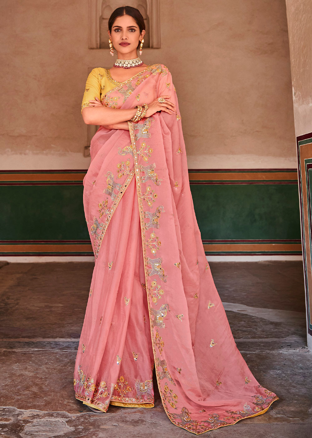Rose Pink Organza Saree with Zari, Mirror & Thread work