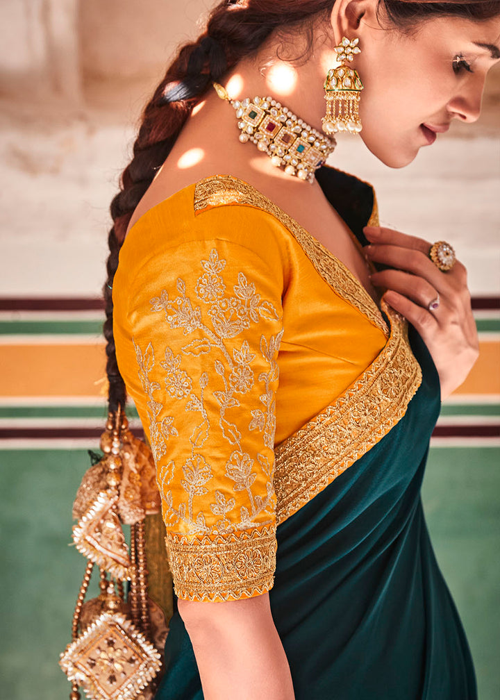 Rama Green Crepe Silk Saree with Sequins & Dori work