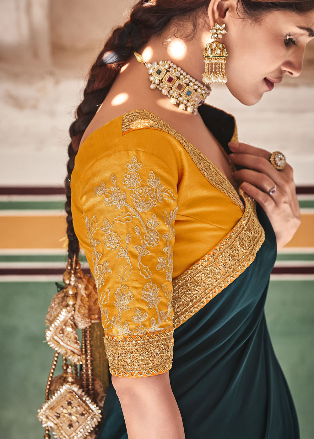 Rama Green Crepe Silk Saree with Sequins & Dori work