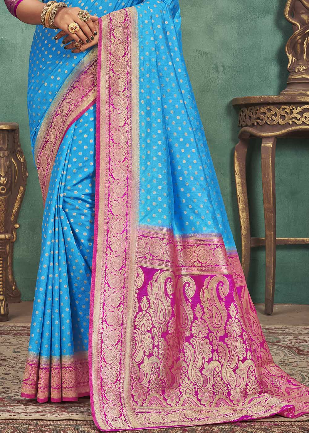 Cerulean Blue Woven Raw Silk Saree with Contrast Border & Pallu