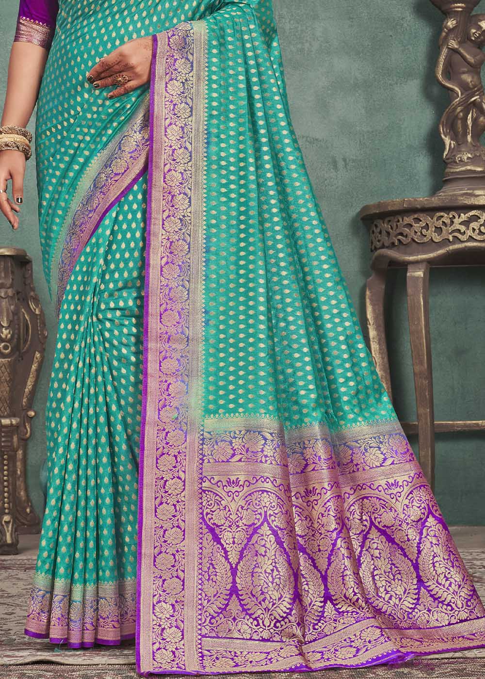 Turquoise Blue Woven Raw Silk Saree with Contrast Border & Pallu