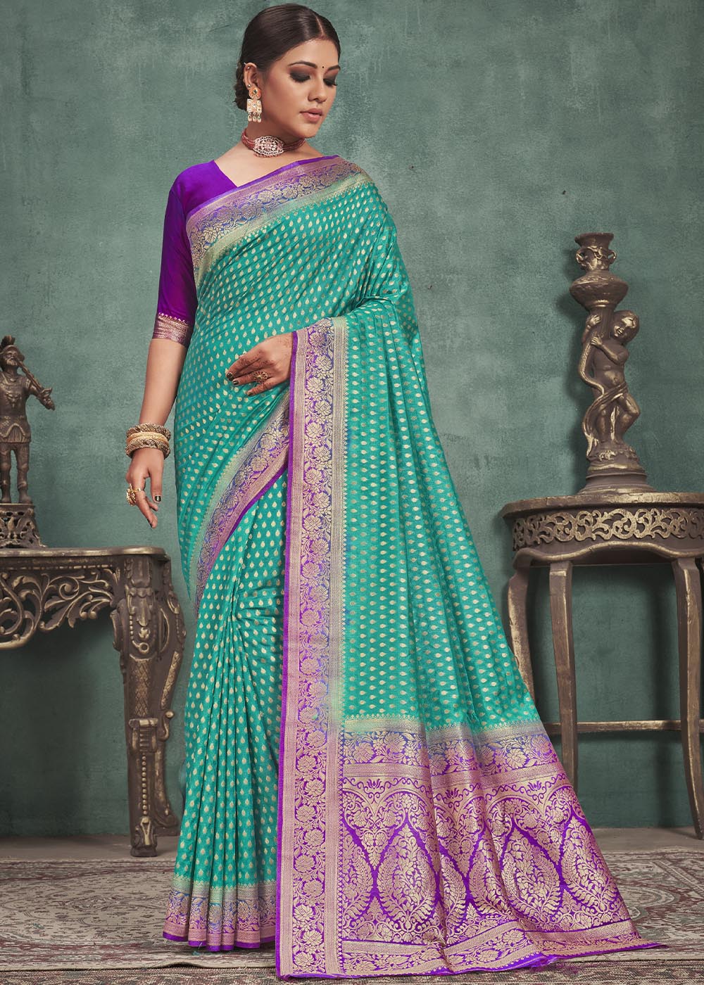 Turquoise Blue Woven Raw Silk Saree with Contrast Border & Pallu