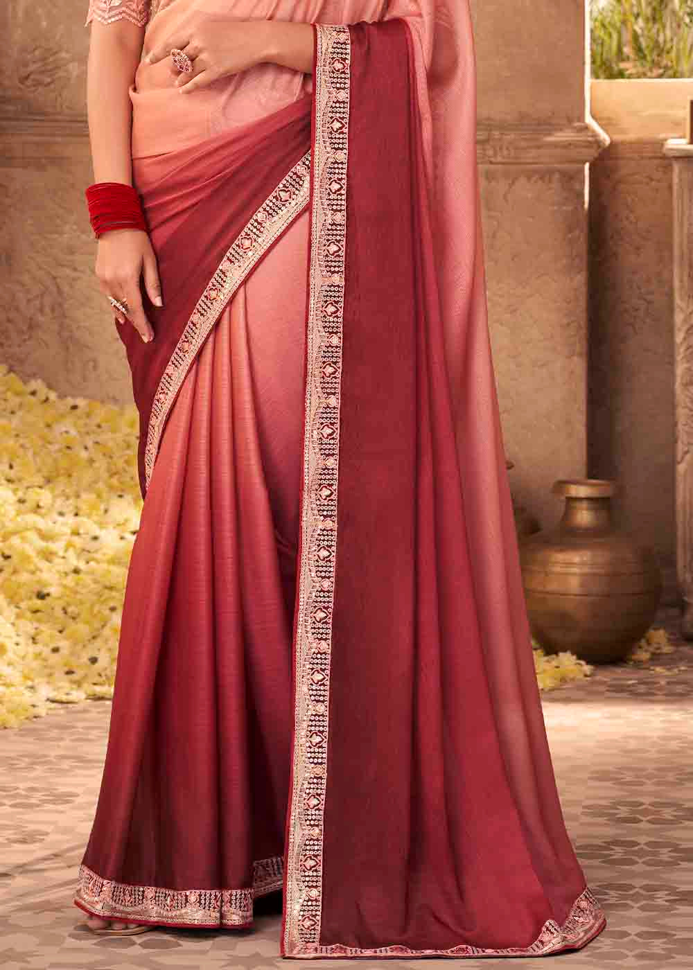 Shades Of Pink Designer Embroidered Satin Silk Saree with Sequence work