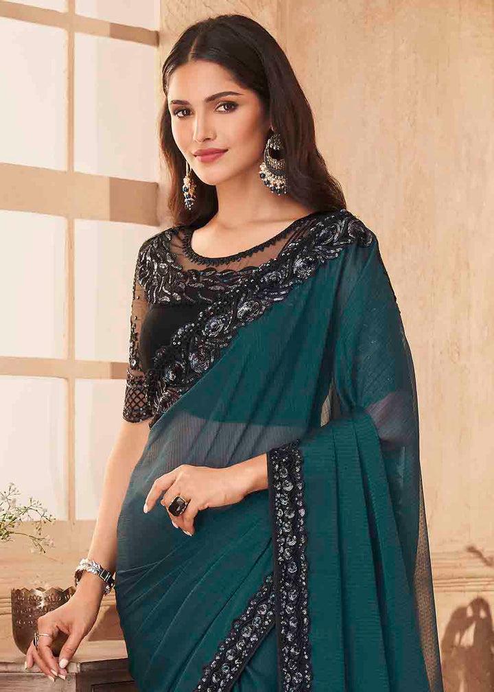 Prussian Blue Designer Embroidered Satin Silk Saree with Sequence work