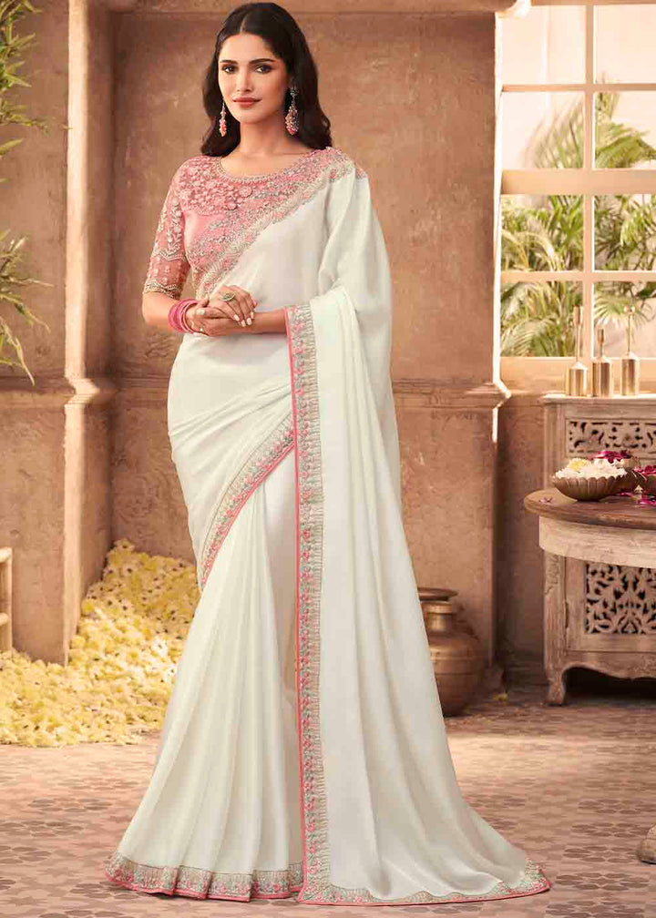 Pearl White Designer Embroidered Satin Silk Saree with Sequence work: Top Pick