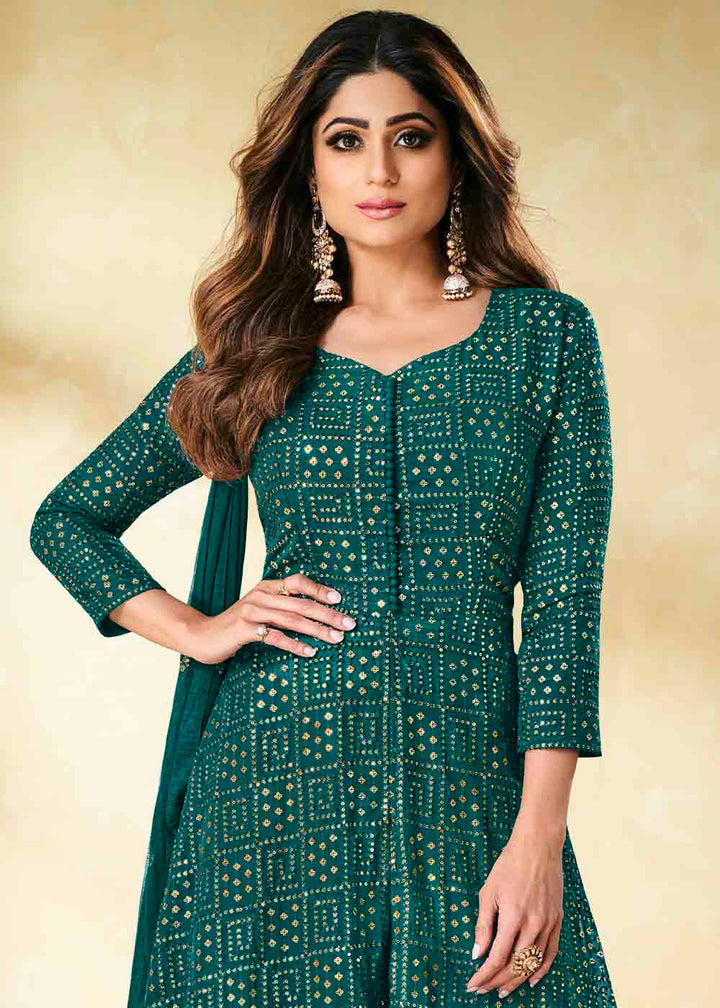 Arabian Green Embroidered Georgette Plazzo Suit